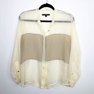 NAVEN sheer button down color block silk blouse